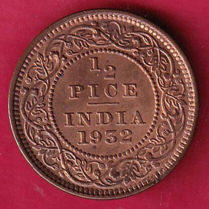 BRITISH INDIA UNC 1932 GEORGE V 1/2 PICE COPPER COIN–FB4769