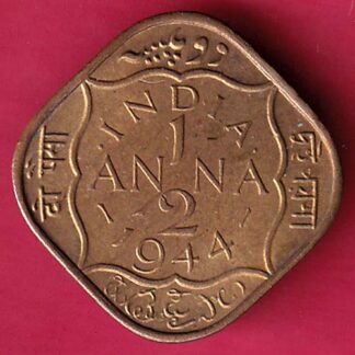 BRITISH INDIA unc 1944 GEORGE VI 1/2 ANNA RARE COIN - FB6368