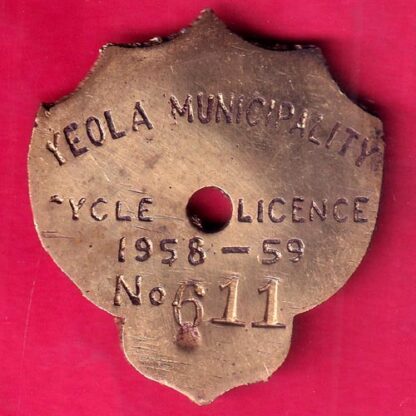 CYCLE TOKEN: YEOLA MUNCIPALITY CYCLE LICENSE 1958-59 NO. 611-FB8179