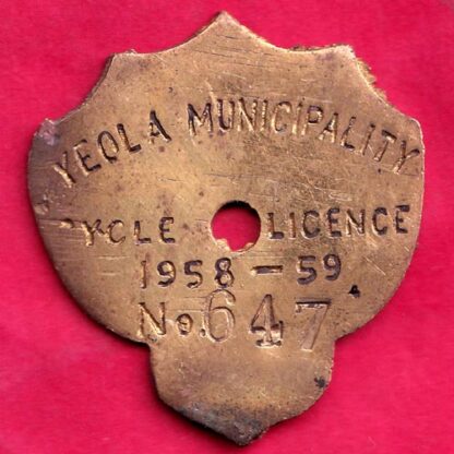 CYCLE TOKEN: YEOLA MUNCIPALITY CYCLE LICENSE 1958-59 NO. 647– FB8363