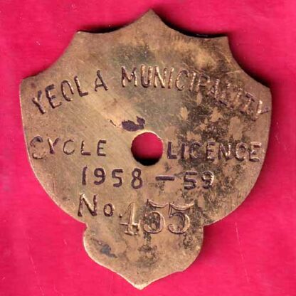 CYCLE TOKEN: YEOLA MUNCIPALITY CYCLE LICENSE 1958-59 NO. 455- F1948