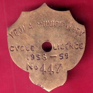 CYCLE TOKEN: YEOLA MUNCIPALITY CYCLE LICENSE 1958-59 NO. 447–F2034