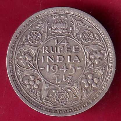 British India 1945 “LARGE FIVE” Bombay Mint George Vi 1/4 Rupee Silver coin  – F2373