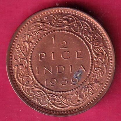 BRITISH INDIA 1939 UNC 1/2 PICE COPPER COIN  - F2450