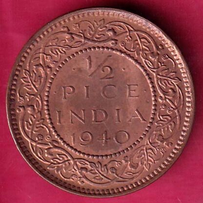 BRITISH INDIA 1940 UNC 1/2 PICE GEORGE VI COPPER COIN - FB9149