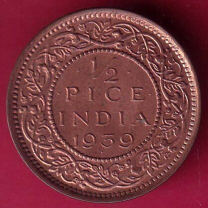 BRITISH INDIA 1939 UNC 1/2 PICE COPPER COIN – F2983