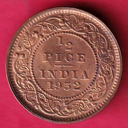 BRITISH INDIA 1932 GEORGE V 1/2 PICE COPPER COIN :- F3267