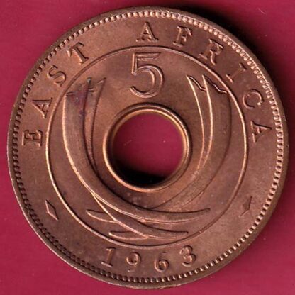 EAST AFRICA UNC 1963 “QUEEN ELIZABETH THE SECOND” FIVE CENTS RARE COIN–F4060 - Image 2