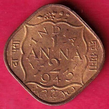 BRITISH INDIA 1943 GEORGE VI 1/2 ANNA RARE COIN – F4333