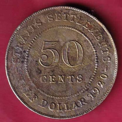 STRAITS SETTLEMENTS 1920 GEORGE V KING AND EMPEROR OF INDIA HALF DOLLAR 50 CENTS– FC1651 - Image 2