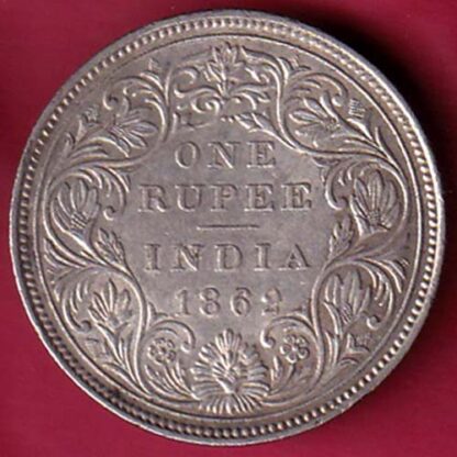 BRITISH INDIA 1862 (2 DOT AT TOP ) VICTORIA QUEEN ONE RUPEE BEAUTIFUL SILVER COIN– S3367