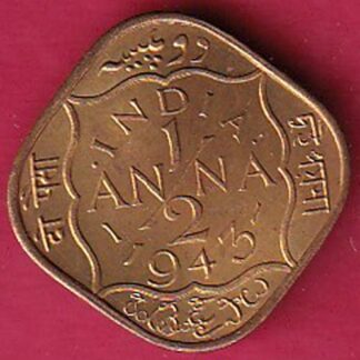 BRITISH INDIA 1943 GEORGE VI 1/2 ANNA RARE COIN– Fc2563