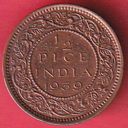 BRITISH INDIA 1939 GEORGRE VI KING 1/2 PICE COPPER COIN:- F7458