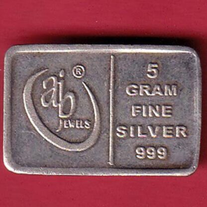 silver bar: Weight – 5.01 gm: "AB JEWELS" 5 GMS FINE SILVER 999 – FC5445