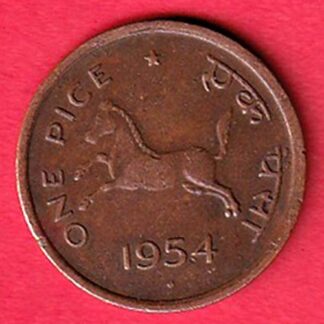 government of india One Pice 1954 Prancing horse facing left Hyderabad mint Split Diamond Bronze coin - FC5489