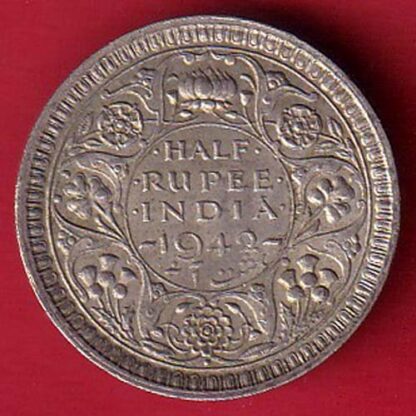 BRITISH INDIA 1942 BOMBAY MINT GEORGE VI HALF RUPEE BEAUTIFUL SILVER COIN-  F7762 - Image 2