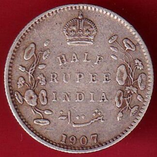 BRITISH INDIA 1907 EDWARD VII KING EMPEROR HALF RUPEE SILVER COIN- FC5483
