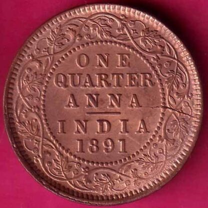 "UNC" BRITISH INDIA 1891 VICTORIA EMPRESS ONE QUARTER ANNA RARE COPPER COIN– FC5790 - Image 2