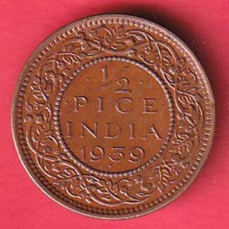 BRITISH INDIA 1939 GEORGRE VI KING 1/2 PICE COPPER COIN -  F8027