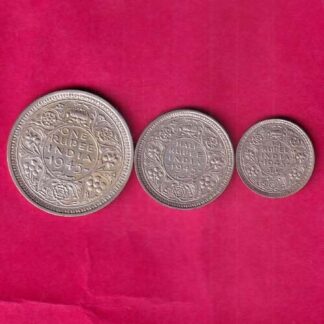 "RARE 3 COINS SET:-  "LARGE 5" BRITISH INDIA 1945 GEORGE VI ONE, HALF & QUARTER  RUPEE SILVER COIN– fc6044