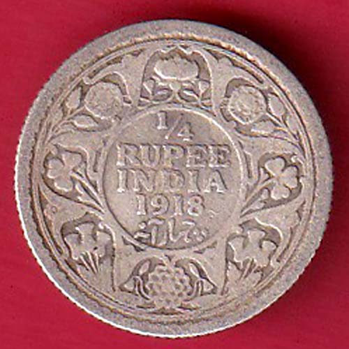 British India 1918 George v 1/4 Rupee silver coin:- F8179