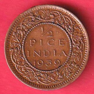 BRITISH INDIA 1939 GEORGRE VI KING 1/2 PICE COPPER COIN :- F8189