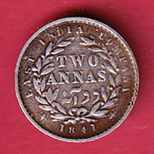EAST INDIA COMPANY 1841 divided LEGEND VICTORIA QUEEN two annas SILVER COIN– FC6377