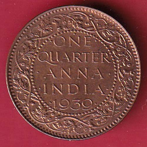 BRITISH INDIA 1939 ONE QURTER ANNA GEORGE VI COPPER COIN–f8264