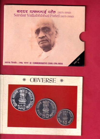 Sardar Vallabhbhai Patel Commemorative Coin Set (1996) issued by the India Government Mint, Mumbai. 🇮🇳 Sardar Vallabhbhai Patel (1875–1950) Commemorative Coin Set – 1996 (100 rupee, 50 rupee n 10 rupee) – FC6622