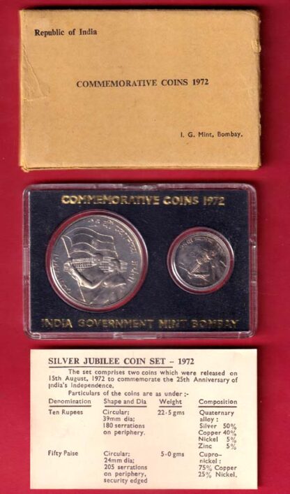 Silver Jubilee of Indian Independence Commemorative Coin Set – 1972, issued by the India Government Mint, Bombay (now Mumbai Mint) to celebrate 25 years of India’s Independence (1947–1972).– FC6642