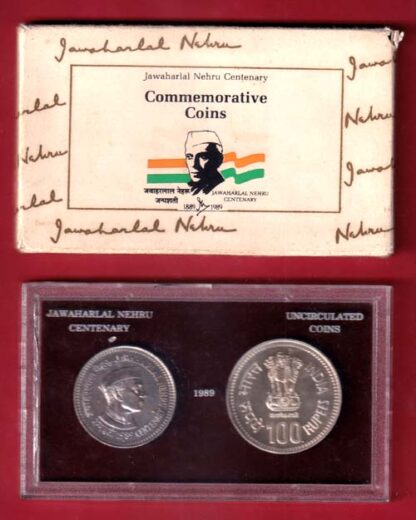 Jawaharlal Nehru Centenary Commemorative Coin Set – 1989, issued by the India Government Mint, Bombay (now Mumbai Mint) to mark the 100th Birth Anniversary of Pandit Jawaharlal Nehru (1889–1989).– FC6643