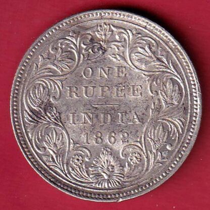 BRITISH INDIA “0/4 DOTS ” 1862 VICTORIA QUEEN ONE RUPEE SILVER COIN– FC6680