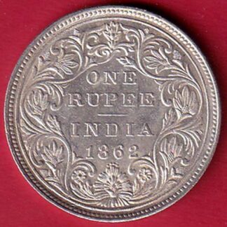 BRITISH INDIA “0/4 DOTS ” 1862 VICTORIA QUEEN ONE RUPEE SILVER COIN :- FC6791