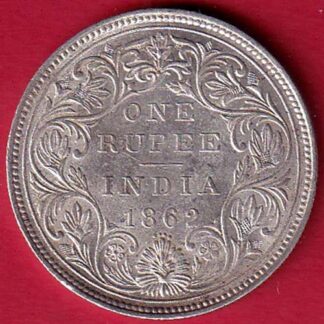 BRITISH INDIA “0/4 DOTS ” 1862 VICTORIA QUEEN ONE RUPEE SILVER COIN :- FC6792