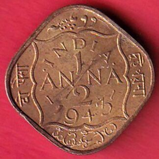 BRITISH INDIA 1943 GEORGE VI 1/2 ANNA RARE COIN  – F8458