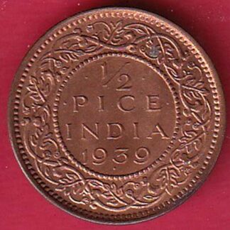 BRITISH INDIA 1939 GEORGRE VI KING 1/2 PICE COPPER COIN –f8710