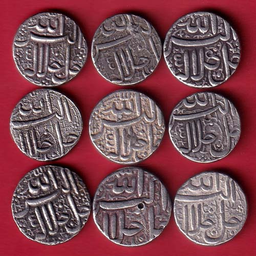 DIFFERNT MONTH 9 COINS RARE SET: Mughals Akbar Ahmedabad Mint One Rupee silver coin (2 RARE MONTH MAHIR N AMARDAD) – FC7297 - Image 2
