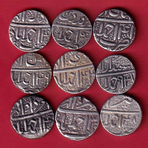 DIFFERNT MONTH 9 COINS RARE SET: Mughals Akbar Ahmedabad Mint One Rupee silver coin (2 RARE MONTH MAHIR N AMARDAD) – FC7297