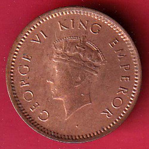 BRITISH INDIA 1939 GEORGRE VI KING 1/2 PICE COPPER COIN- F8867