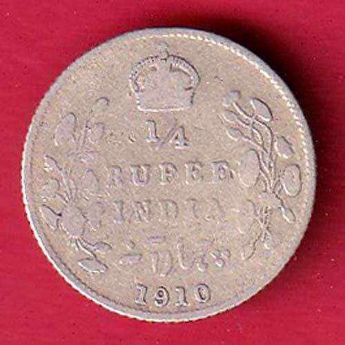 BRITISH INDIA 1910 EDWARD VI 1/4 RUPEE SILVER COIN :- FC7938