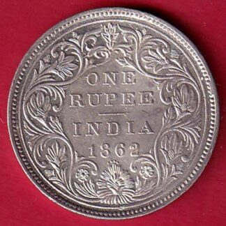 BRITISH INDIA “0/4 DOTS ” 1862 VICTORIA QUEEN ONE RUPEE SILVER COIN –F9393