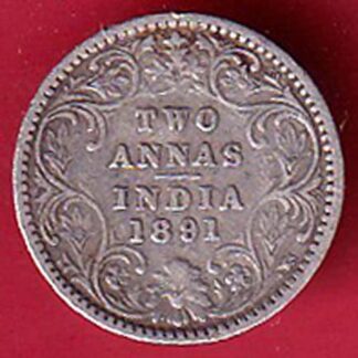 BRITISH INDIA 1891 VICTORIA EMPRESS TWO ANNAS SILVER COIN   – FC8828