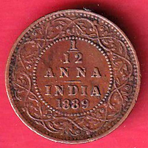 BRITISH INDIA 1889 VICTORIA empress 1/12 ANNA copper coin – FC8846