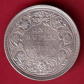 “1 DOT ON TOP” BRITISH INDIA 1862 VICTORIA QUEEN ONE RUPEE SILVER COIN- FC8893
