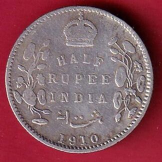 BRITISH INDIA 1910 EDWARD VII KING EMPEROR HALF RUPEE SILVER COIN- FEH123