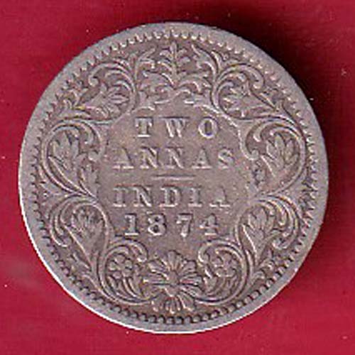 BRITISH INDIA 1874 VICTORIA QUEEN TWO ANNAS SILVER COIN- FC8917