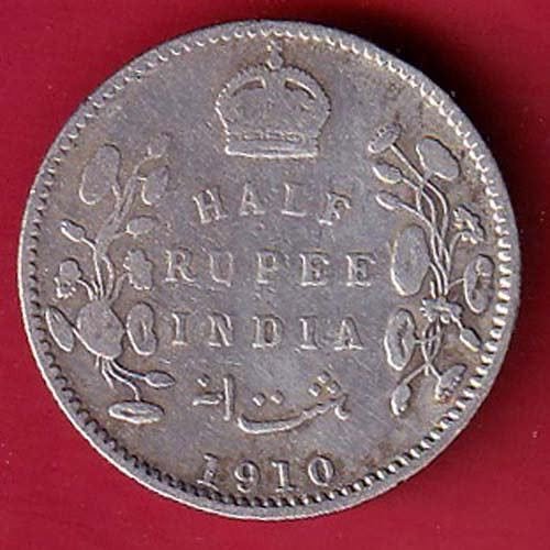 BRITISH INDIA 1910 EDWARD VII KING EMPEROR HALF RUPEE SILVER COIN- FEH123