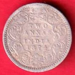 BRITISH INDIA 1874 VICTORIA QUEEN TWO ANNAS SILVER COIN – FC9393