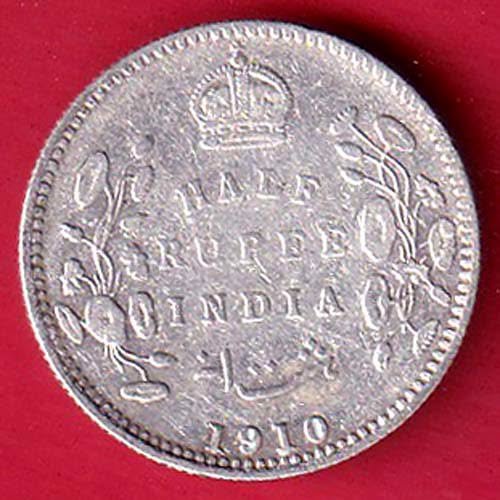 BRITISH INDIA 1910 EDWARD VII KING EMPEROR HALF RUPEE SILVER COIN- FC9498