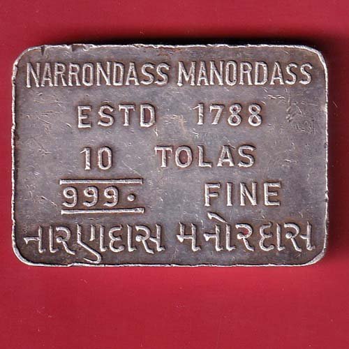 silver bar : 10 tolas narrondass manordass Refiners ESTD 1788 silver bar 999 fine silver – FC9579